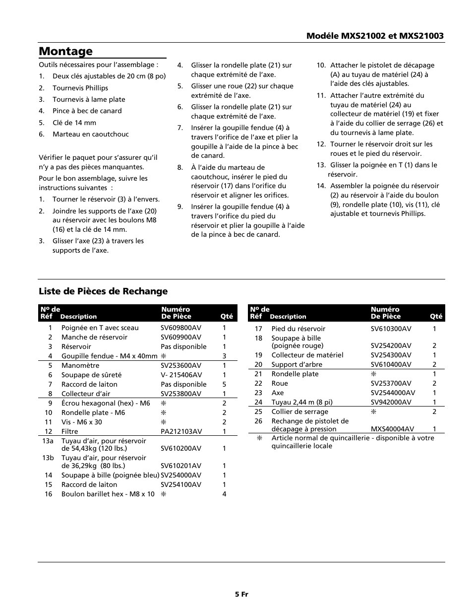 Montage, Liste de pièces de rechange | Maxus tools MXS21002 User Manual | Page 5 / 8