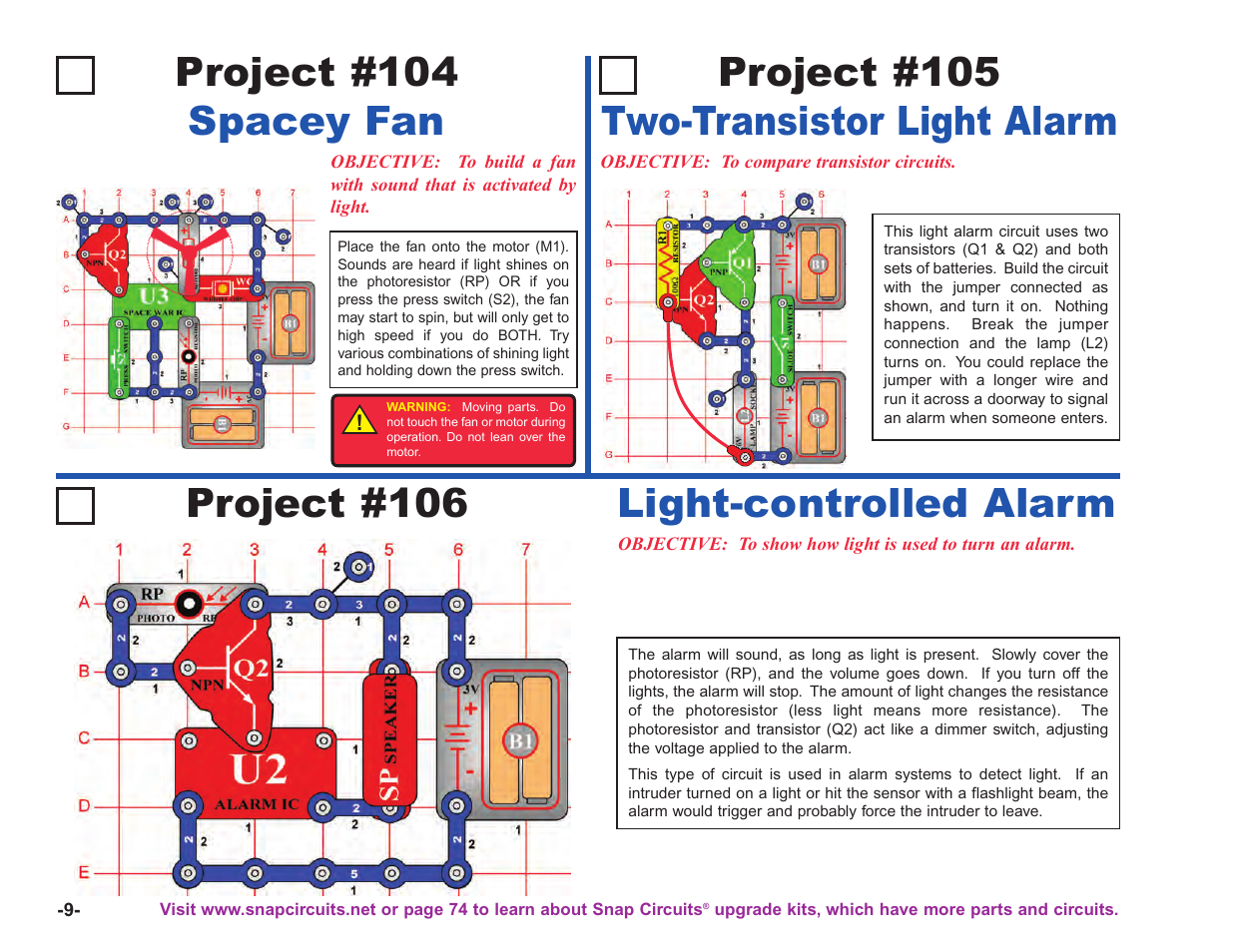 Project #104 spacey fan, Project #106 | Elenco Upgrade Kit SC100 to SC750 User Manual | Page 10 / 288