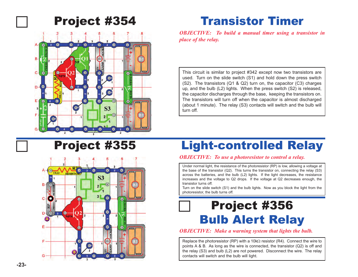 Project #355, Light-controlled relay, Bulb alert relay project #356 | Project #354, Transistor timer | Elenco Upgrade Kit SC100 to SC750 User Manual | Page 100 / 288