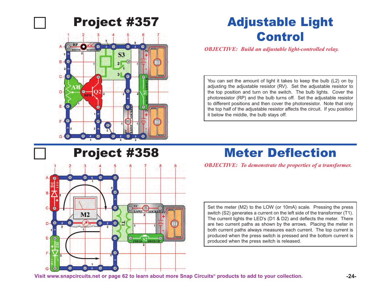 Project #357, Adjustable light control project #358, Meter deflection | Elenco Upgrade Kit SC100 to SC750 User Manual | Page 101 / 288