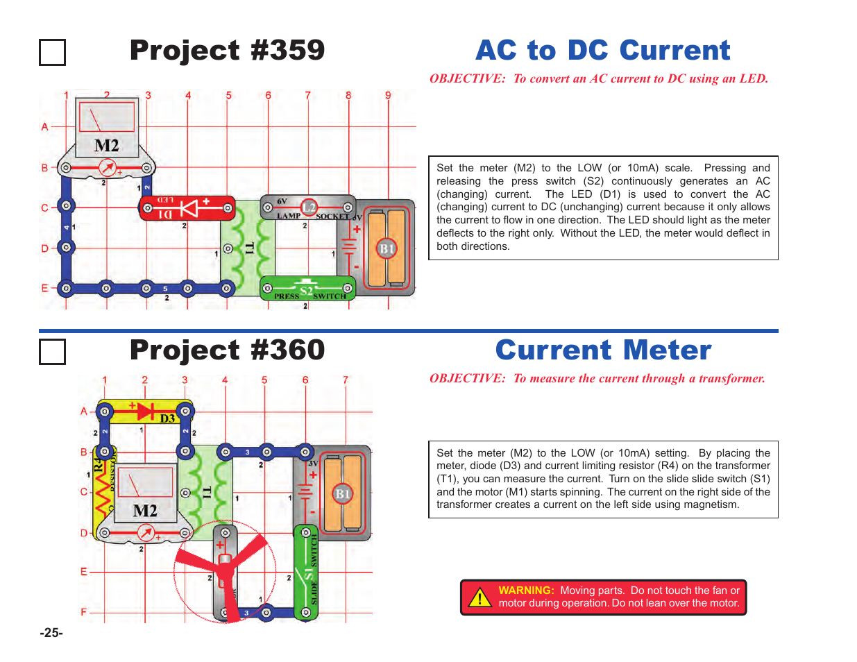 Project #360, Current meter, Project #359 | Ac to dc current | Elenco Upgrade Kit SC100 to SC750 User Manual | Page 102 / 288