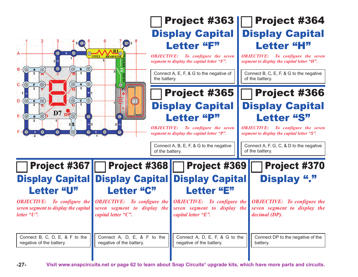Project #363, Display capital letter “f, Display capital letter “h | Display capital letter “p, Display capital letter “u” project #370, Display “.” project #369, Display capital letter “e” project #368, Display capital letter “c | Elenco Upgrade Kit SC100 to SC750 User Manual | Page 104 / 288