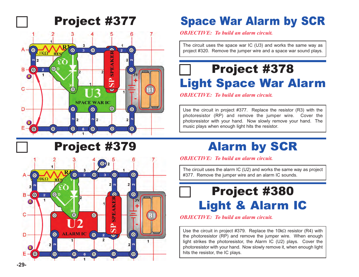 Project #377, Space war alarm by scr project #379, Alarm by scr project #378 | Light space war alarm, Project #380, Light & alarm ic | Elenco Upgrade Kit SC100 to SC750 User Manual | Page 106 / 288