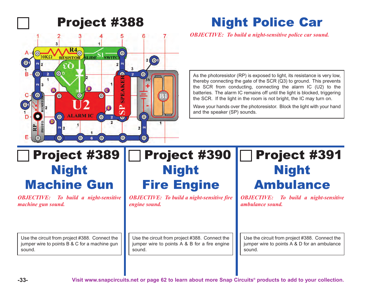 Project #388, Night police car, Night machine gun project #389 | Night fire engine project #390, Night ambulance project #391 | Elenco Upgrade Kit SC100 to SC750 User Manual | Page 110 / 288