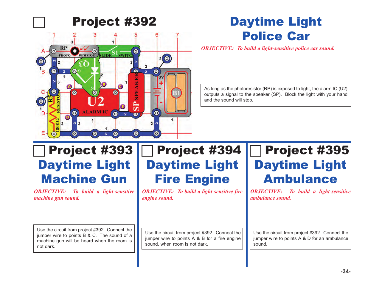 Project #392, Daytime light police car, Daytime light machine gun project #393 | Daytime light fire engine project #394, Daytime light ambulance project #395 | Elenco Upgrade Kit SC100 to SC750 User Manual | Page 111 / 288