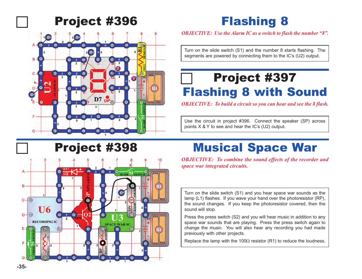 Project #396 flashing 8, Flashing 8 with sound, Musical space war | Elenco Upgrade Kit SC100 to SC750 User Manual | Page 112 / 288