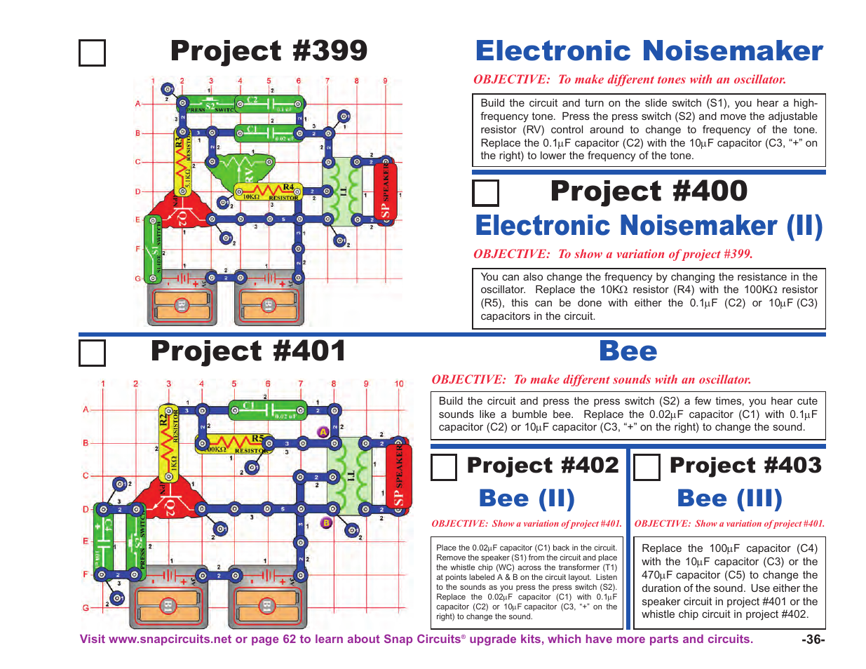 Project #399, Electronic noisemaker, Bee (ii) | Bee (iii), Project #402, Project #403 | Elenco Upgrade Kit SC100 to SC750 User Manual | Page 113 / 288