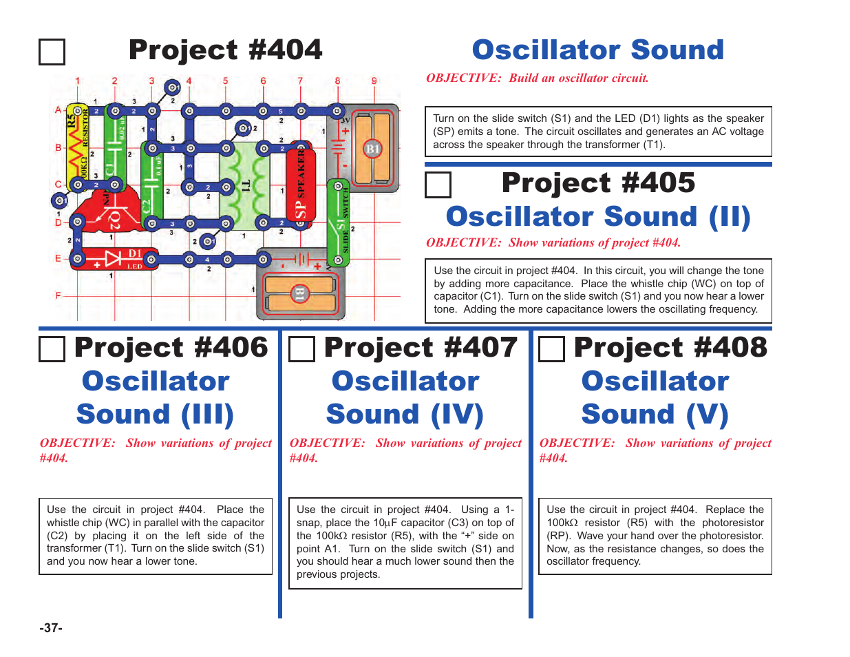 Project #404, Oscillator sound, Oscillator sound (iii) project #406 | Oscillator sound (iv) project #407, Oscillator sound (v) project #408, Oscillator sound (ii) project #405 | Elenco Upgrade Kit SC100 to SC750 User Manual | Page 114 / 288