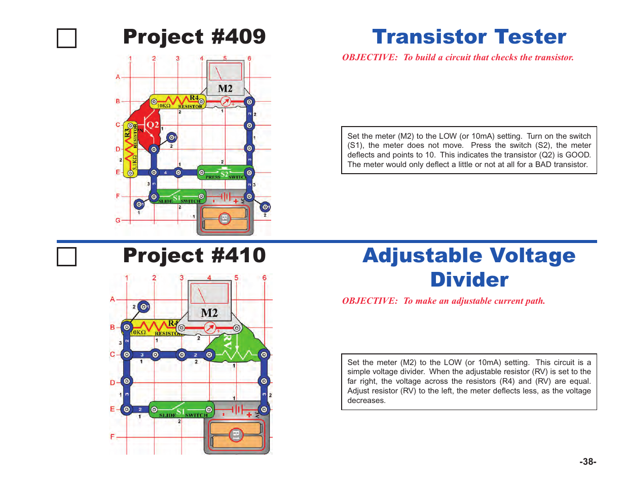 Project #409, Transistor tester project #410, Adjustable voltage divider | Elenco Upgrade Kit SC100 to SC750 User Manual | Page 115 / 288