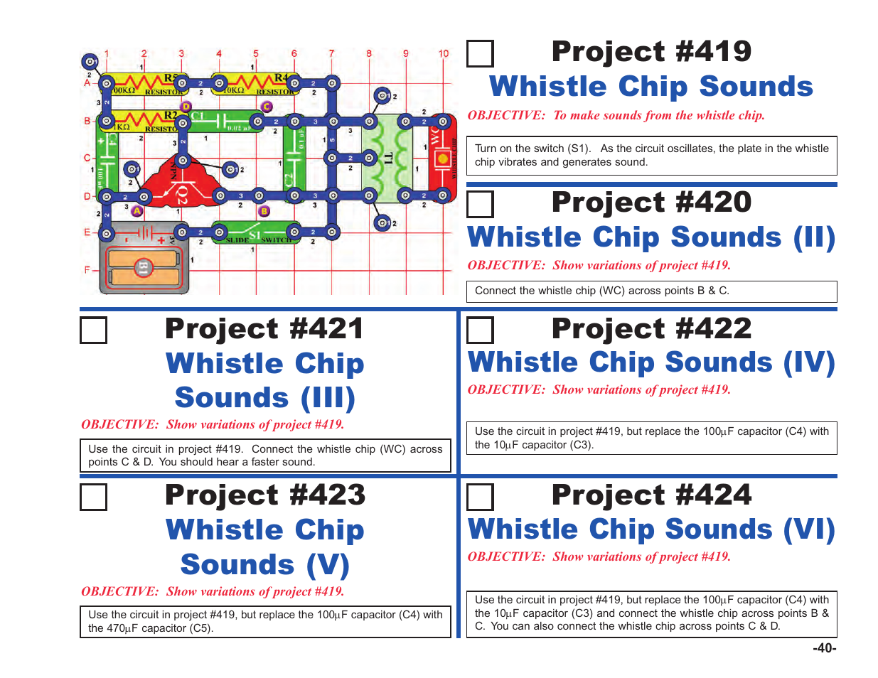 Whistle chip sounds (ii) project #420, Whistle chip sounds (iii) project #421, Whistle chip sounds (vi) project #424 | Whistle chip sounds project #419, Whistle chip sounds (v) project #423, Whistle chip sounds (iv) project #422 | Elenco Upgrade Kit SC100 to SC750 User Manual | Page 117 / 288