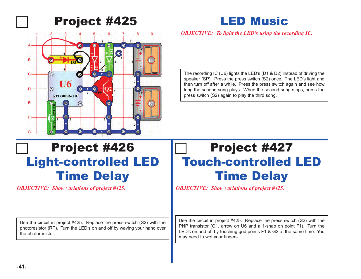 Project #425, Light-controlled led time delay, Touch-controlled led time delay | Elenco Upgrade Kit SC100 to SC750 User Manual | Page 118 / 288