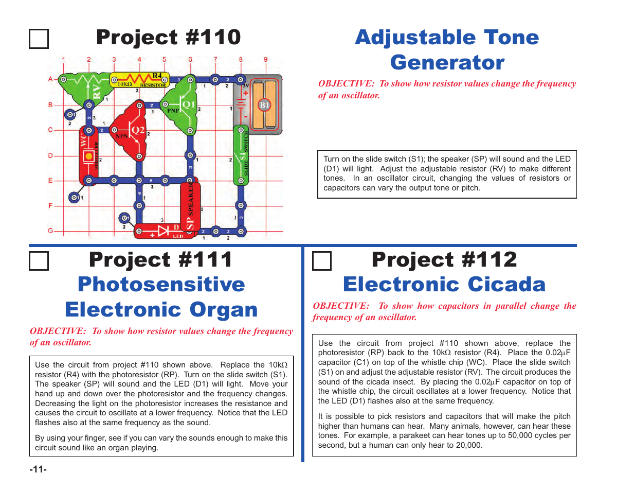 Project #110, Adjustable tone generator, Project #112 electronic cicada | Project #111 photosensitive electronic organ | Elenco Upgrade Kit SC100 to SC750 User Manual | Page 12 / 288