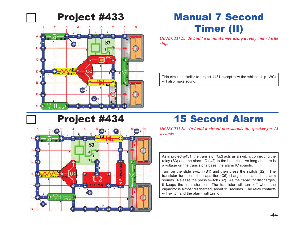 Project #433, Manual 7 second timer (ii) project #434, 15 second alarm | Elenco Upgrade Kit SC100 to SC750 User Manual | Page 121 / 288