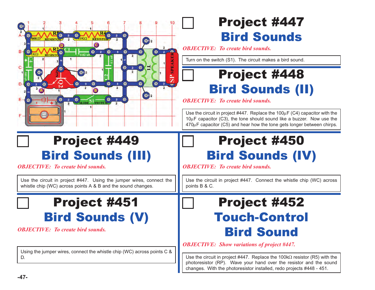 Bird sounds project #447, Bird sounds (ii) project #448, Bird sounds (iii) project #449 | Bird sounds (iv) project #450, Bird sounds (v) project #451, Touch-control bird sound project #452 | Elenco Upgrade Kit SC100 to SC750 User Manual | Page 124 / 288