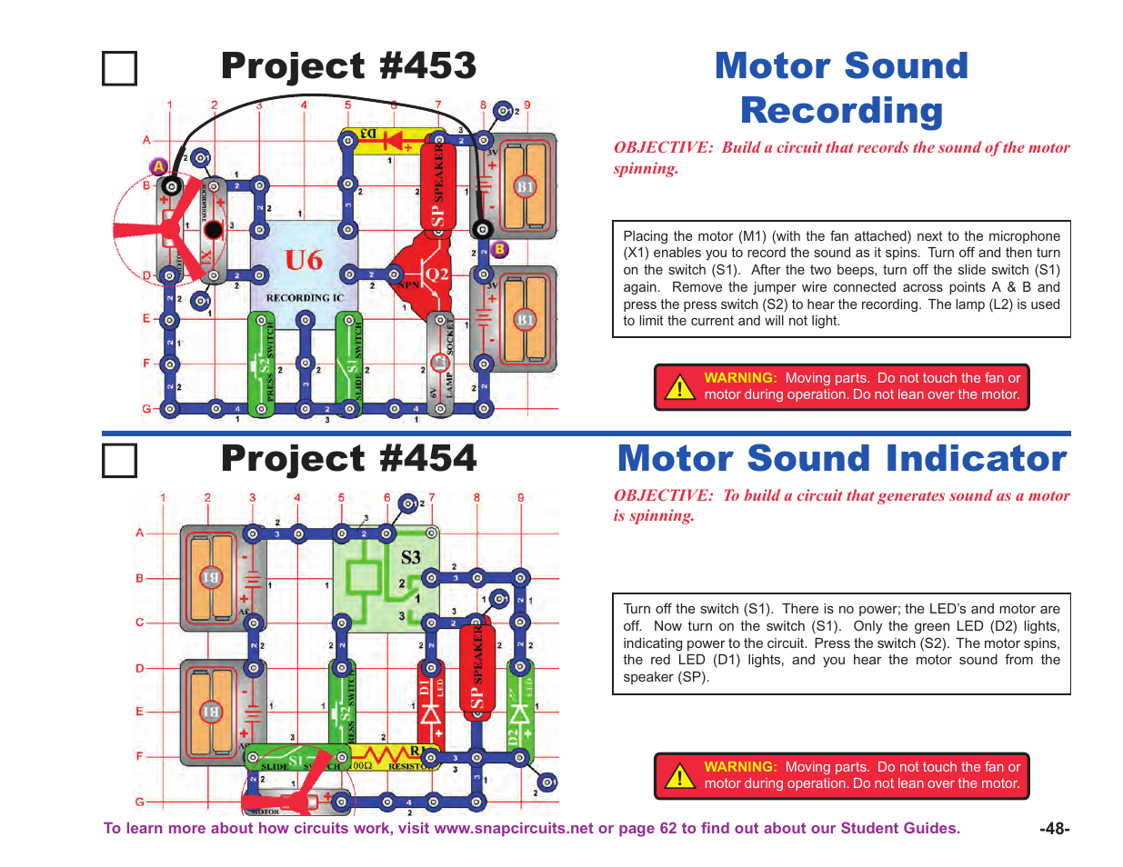 Project #453, Motor sound recording project #454, Motor sound indicator | Elenco Upgrade Kit SC100 to SC750 User Manual | Page 125 / 288