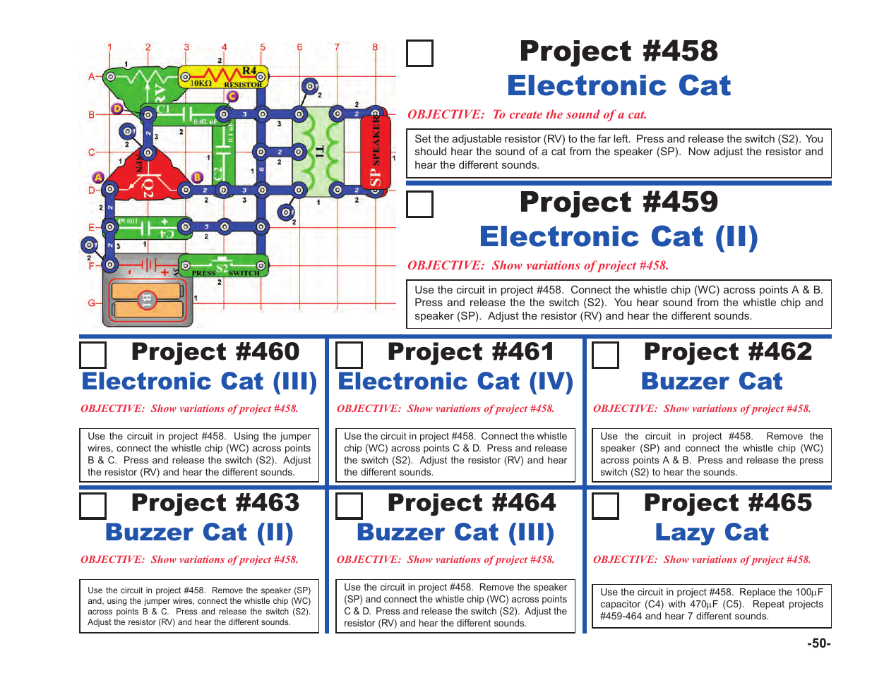 Electronic cat project #458, Electronic cat (ii) project #459, Project #460 | Electronic cat (iv), Buzzer cat, Buzzer cat (ii), Buzzer cat (iii), Lazy cat | Elenco Upgrade Kit SC100 to SC750 User Manual | Page 127 / 288