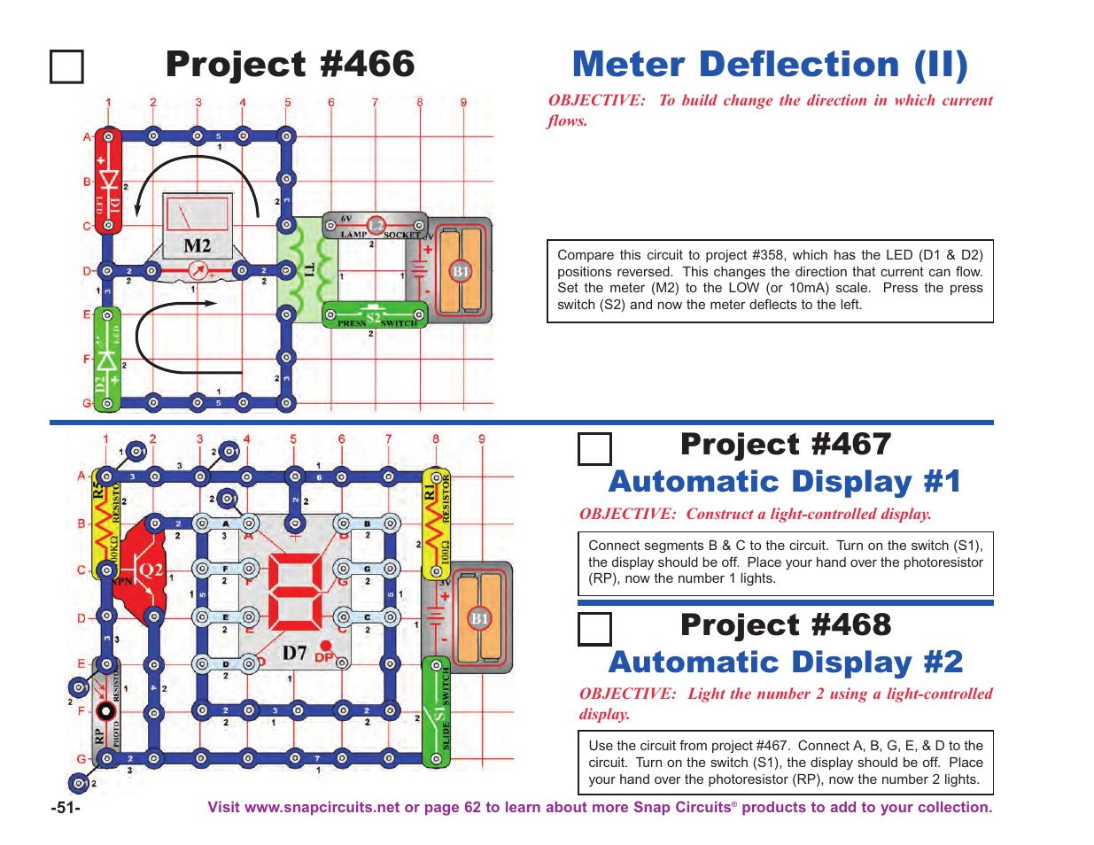 Project #466, Meter deflection (ii), Automatic display #1 project #467 | Automatic display #2 project #468 | Elenco Upgrade Kit SC100 to SC750 User Manual | Page 128 / 288