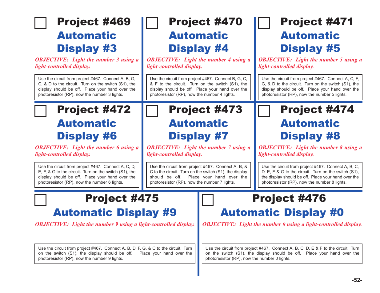 Project #469, Automatic display #3 project #475, Automatic display #9 project #476 | Automatic display #0 project #470, Automatic display #4 project #471, Automatic display #5 project #472, Automatic display #6 project #473, Automatic display #7 project #474, Automatic display #8 | Elenco Upgrade Kit SC100 to SC750 User Manual | Page 129 / 288