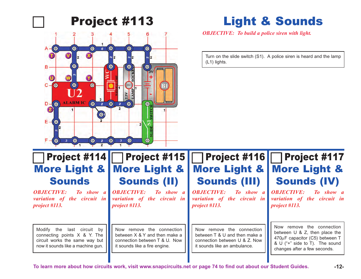 Project #113 light & sounds, Project #114 more light & sounds, Project #116 more light & sounds (iii) | Project #117 more light & sounds (iv), Project #115 more light & sounds (ii) | Elenco Upgrade Kit SC100 to SC750 User Manual | Page 13 / 288