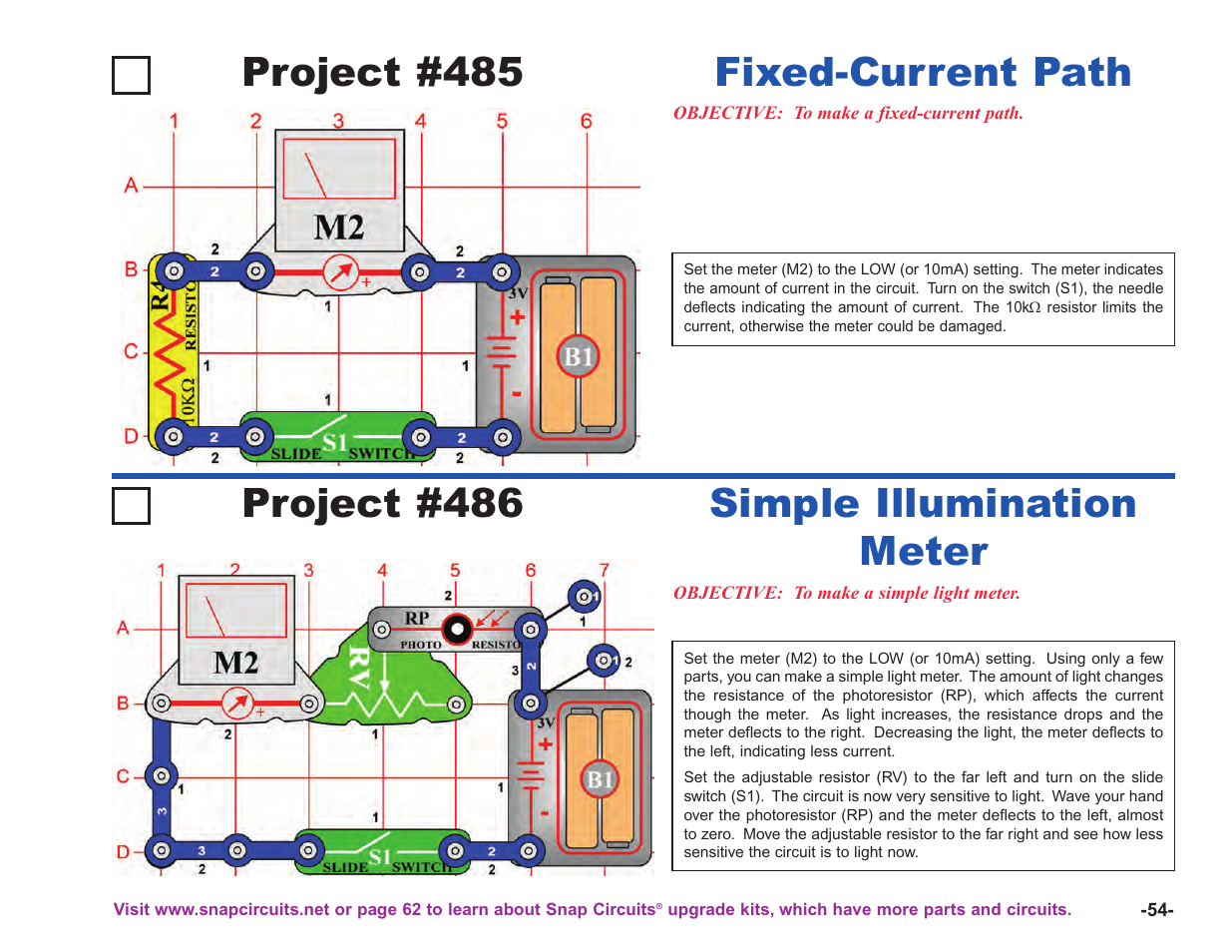 Project #485, Fixed-current path project #486, Simple illumination meter | Elenco Upgrade Kit SC100 to SC750 User Manual | Page 131 / 288
