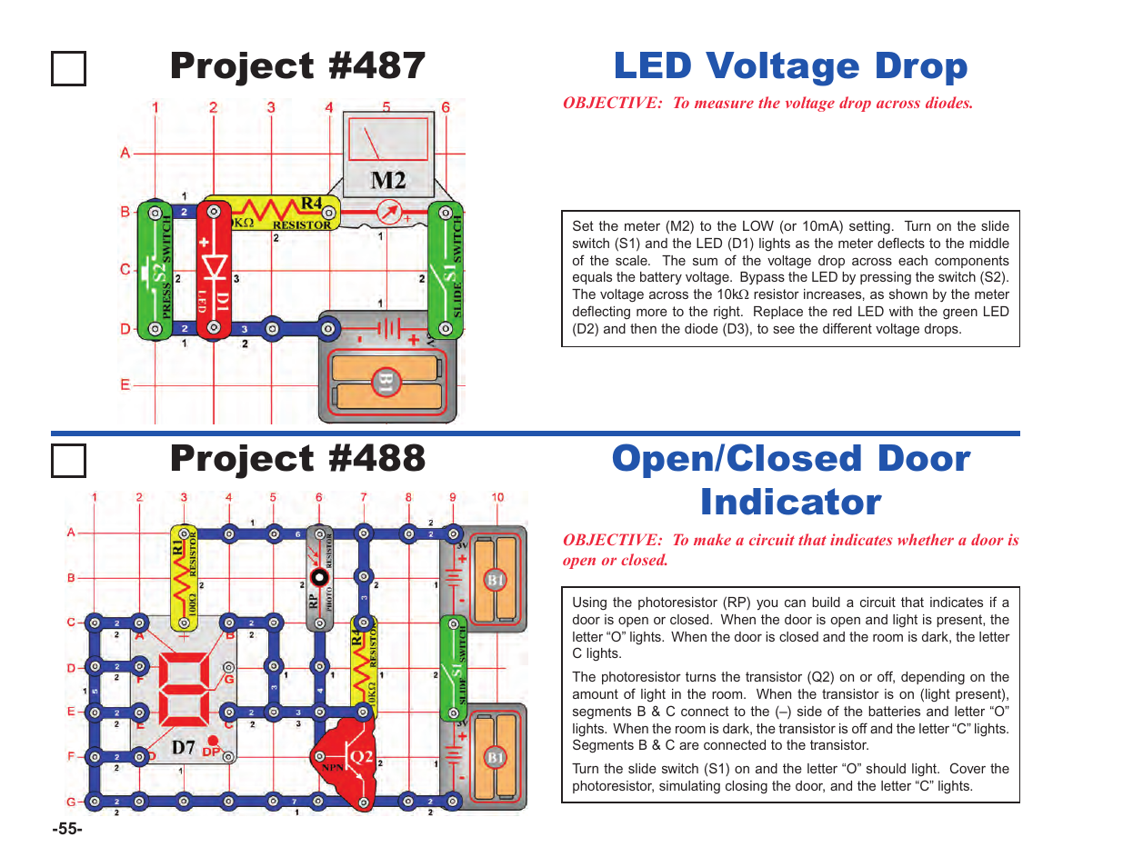 Project #487, Led voltage drop project #488, Open/closed door indicator | Elenco Upgrade Kit SC100 to SC750 User Manual | Page 132 / 288