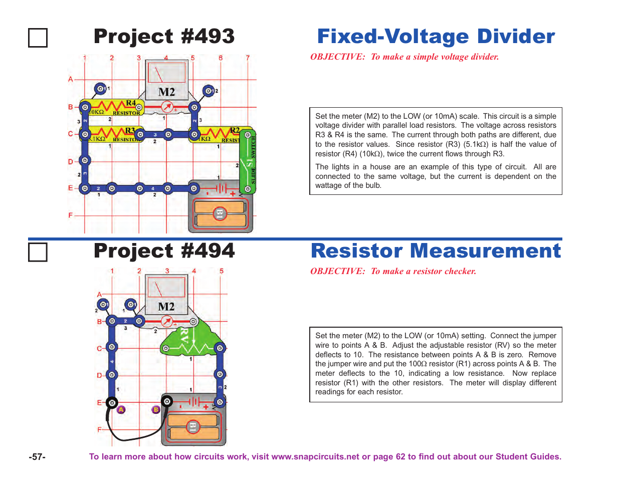 Project #493, Fixed-voltage divider project #494, Resistor measurement | Elenco Upgrade Kit SC100 to SC750 User Manual | Page 134 / 288