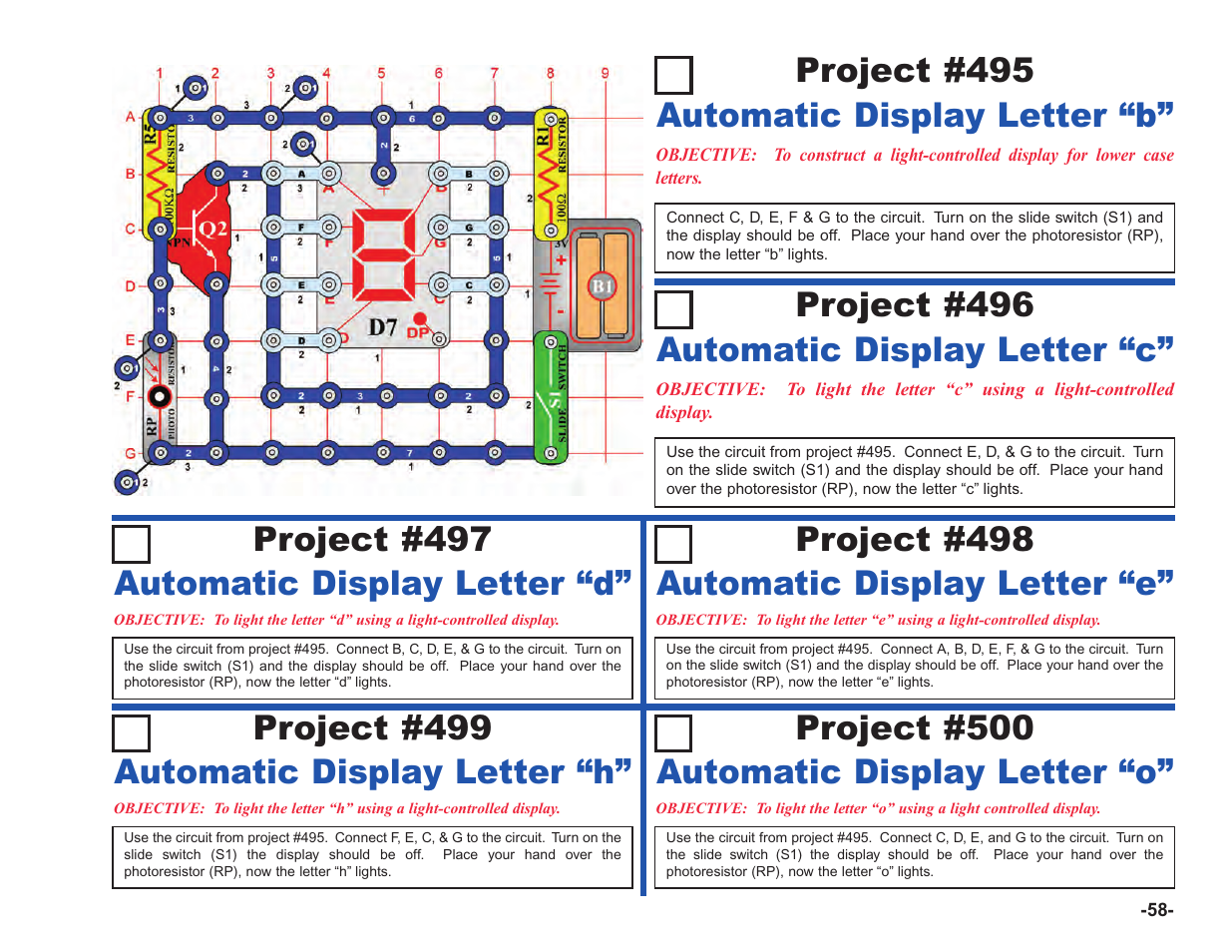 Automatic display letter “d, Automatic display letter “e” project #499, Automatic display letter “h” project #500 | Automatic display letter “o | Elenco Upgrade Kit SC100 to SC750 User Manual | Page 135 / 288