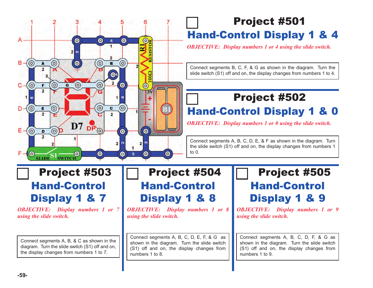 Project #501, Hand-control display 1 & 9 | Elenco Upgrade Kit SC100 to SC750 User Manual | Page 136 / 288