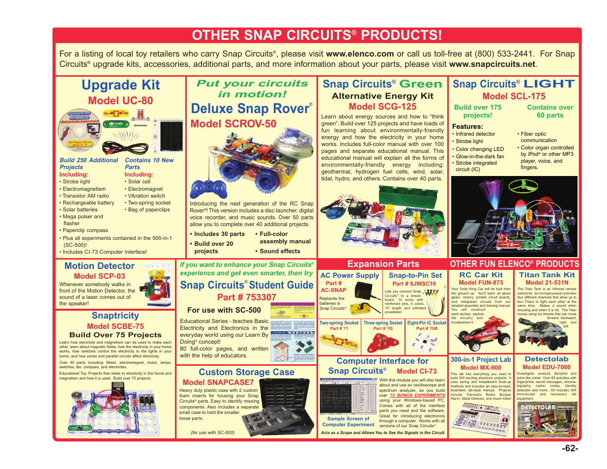 Other snap circuits, Products, Upgrade kit | Deluxe snap rover, Model uc-80, Model scrov-50, Snap circuits, Green, Light, Student guide | Elenco Upgrade Kit SC100 to SC750 User Manual | Page 139 / 288