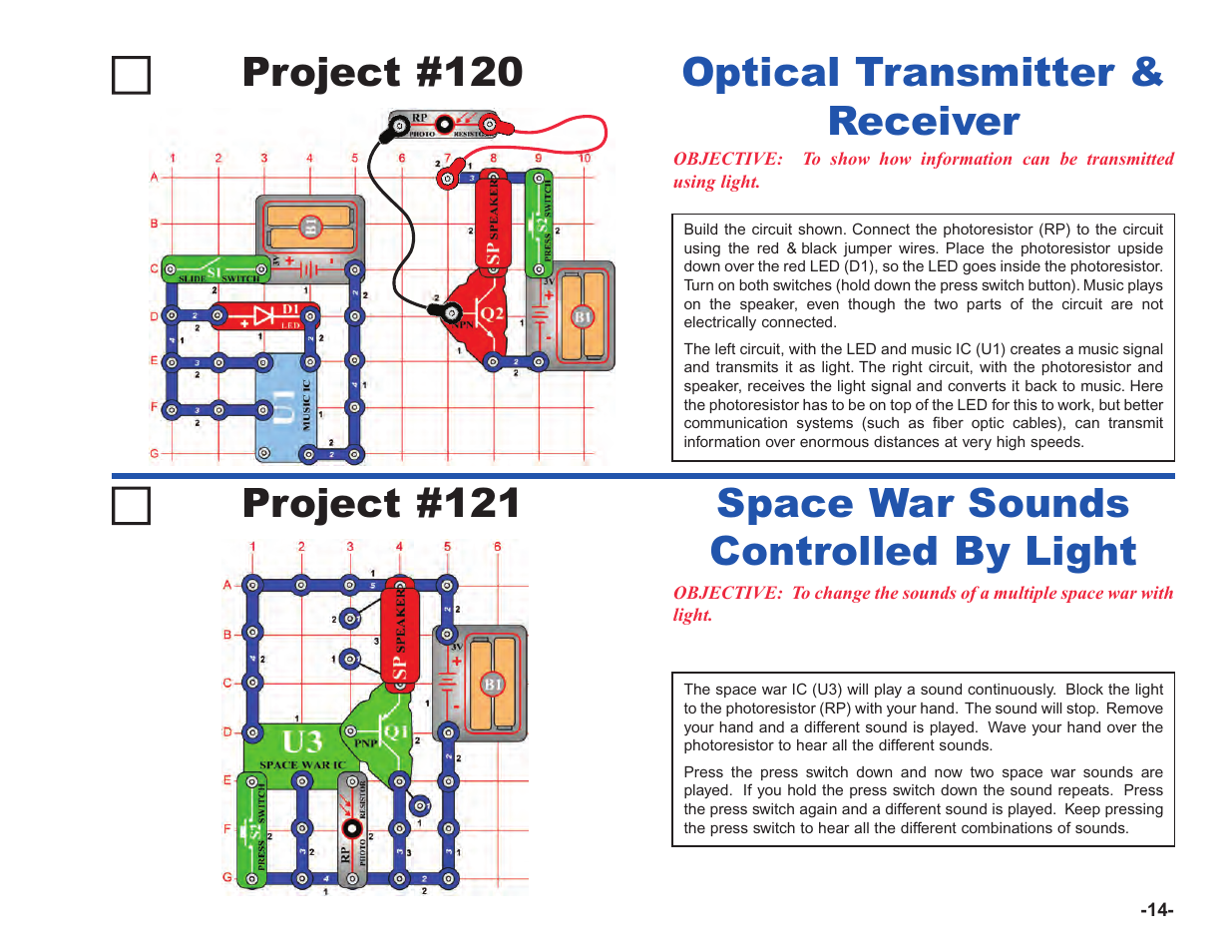 Project #120, Optical transmitter & receiver project #121, Space war sounds controlled by light | Elenco Upgrade Kit SC100 to SC750 User Manual | Page 15 / 288