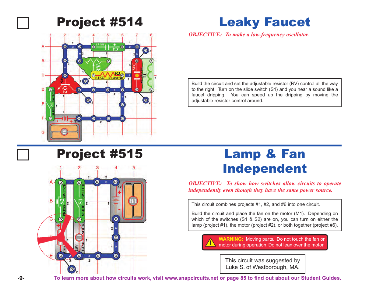 Project #514, Leaky faucet project #515, Lamp & fan independent | Elenco Upgrade Kit SC100 to SC750 User Manual | Page 150 / 288
