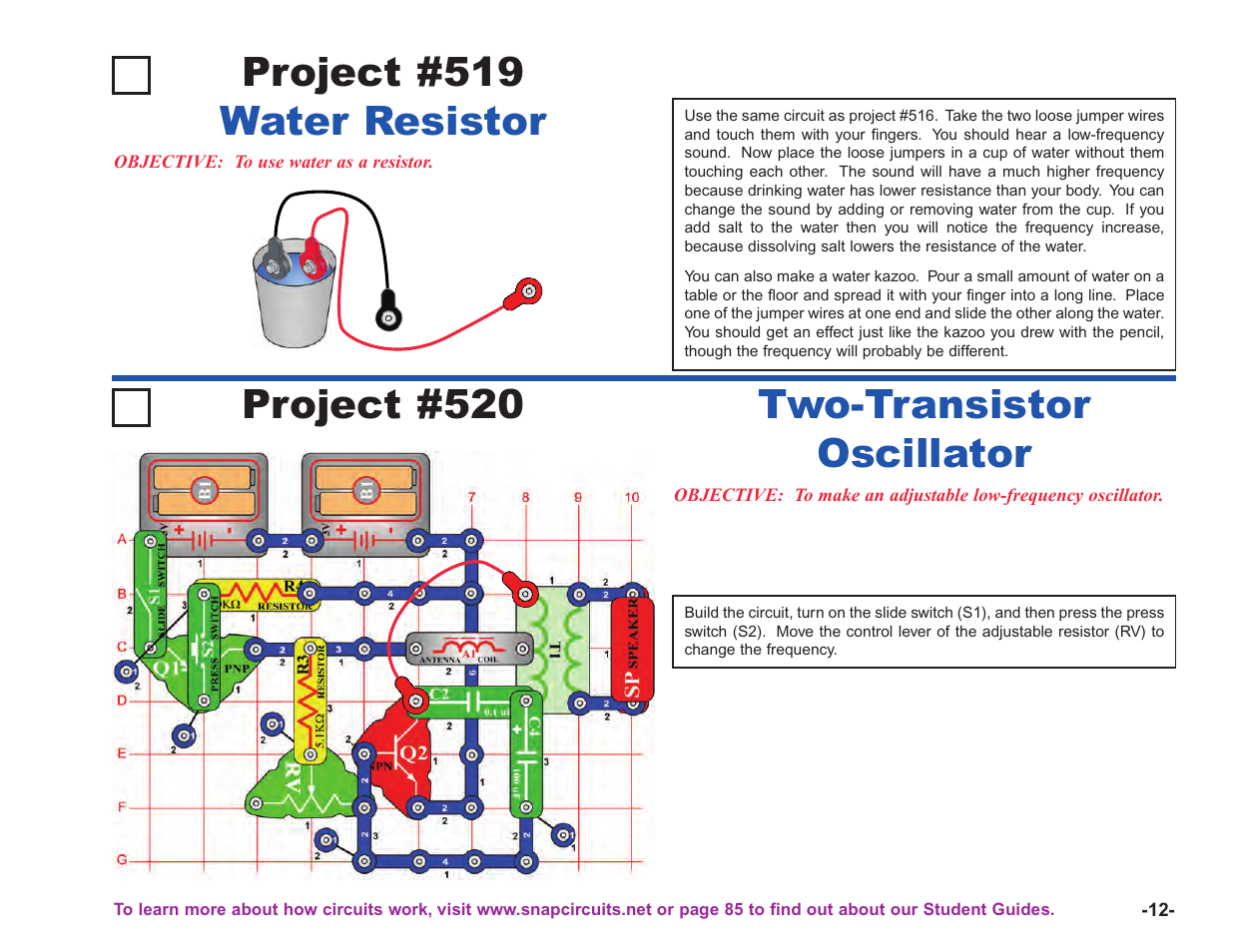 Project #519, Water resistor project #520, Two-transistor oscillator | Elenco Upgrade Kit SC100 to SC750 User Manual | Page 153 / 288