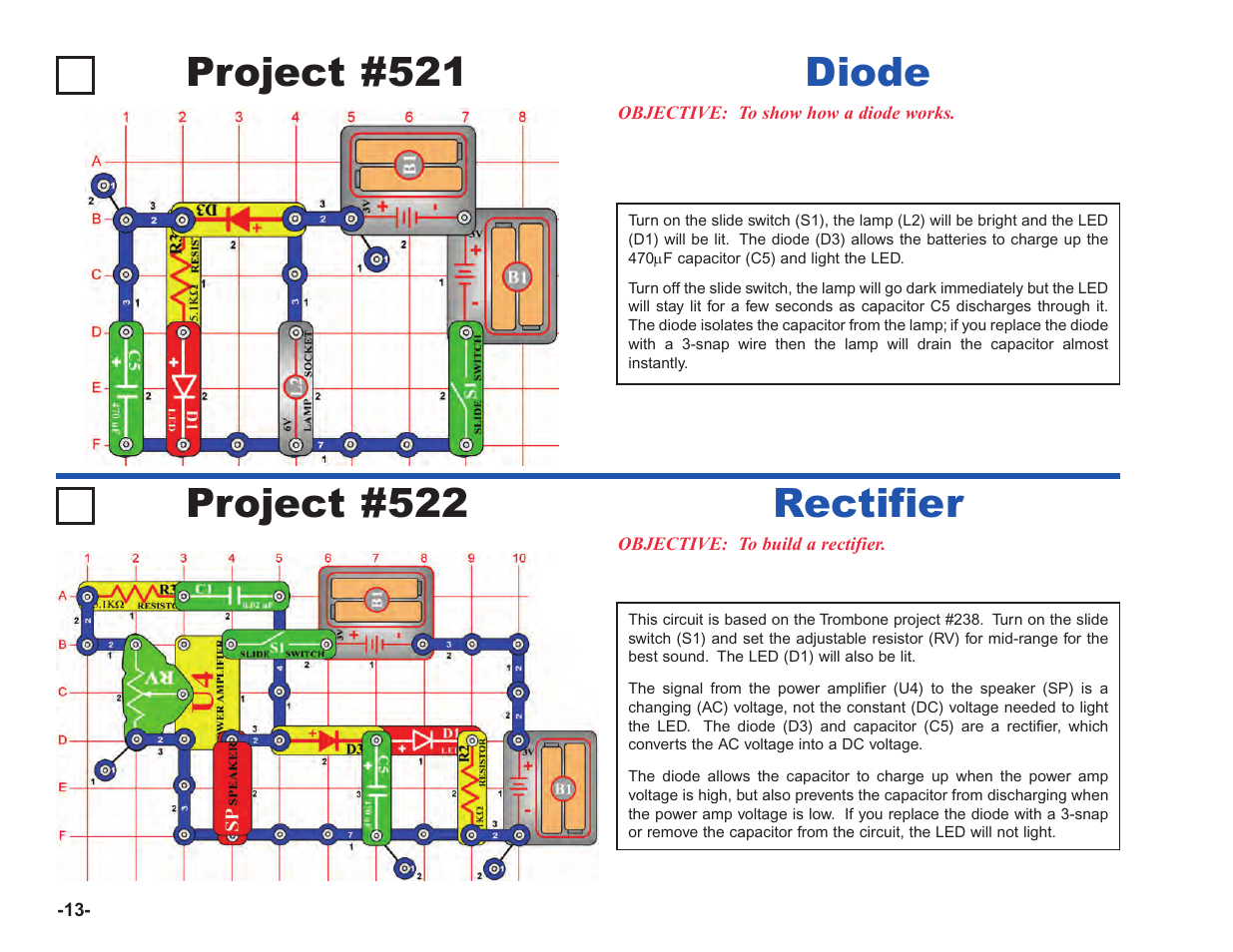 Project #521, Diode project #522, Rectifier | Elenco Upgrade Kit SC100 to SC750 User Manual | Page 154 / 288