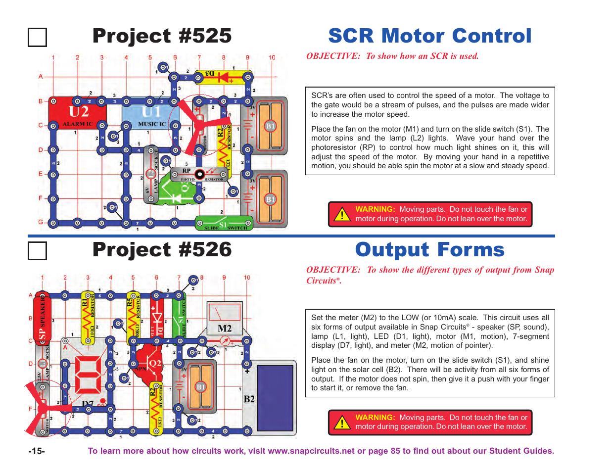 Project #525, Scr motor control project #526, Output forms | Elenco Upgrade Kit SC100 to SC750 User Manual | Page 156 / 288