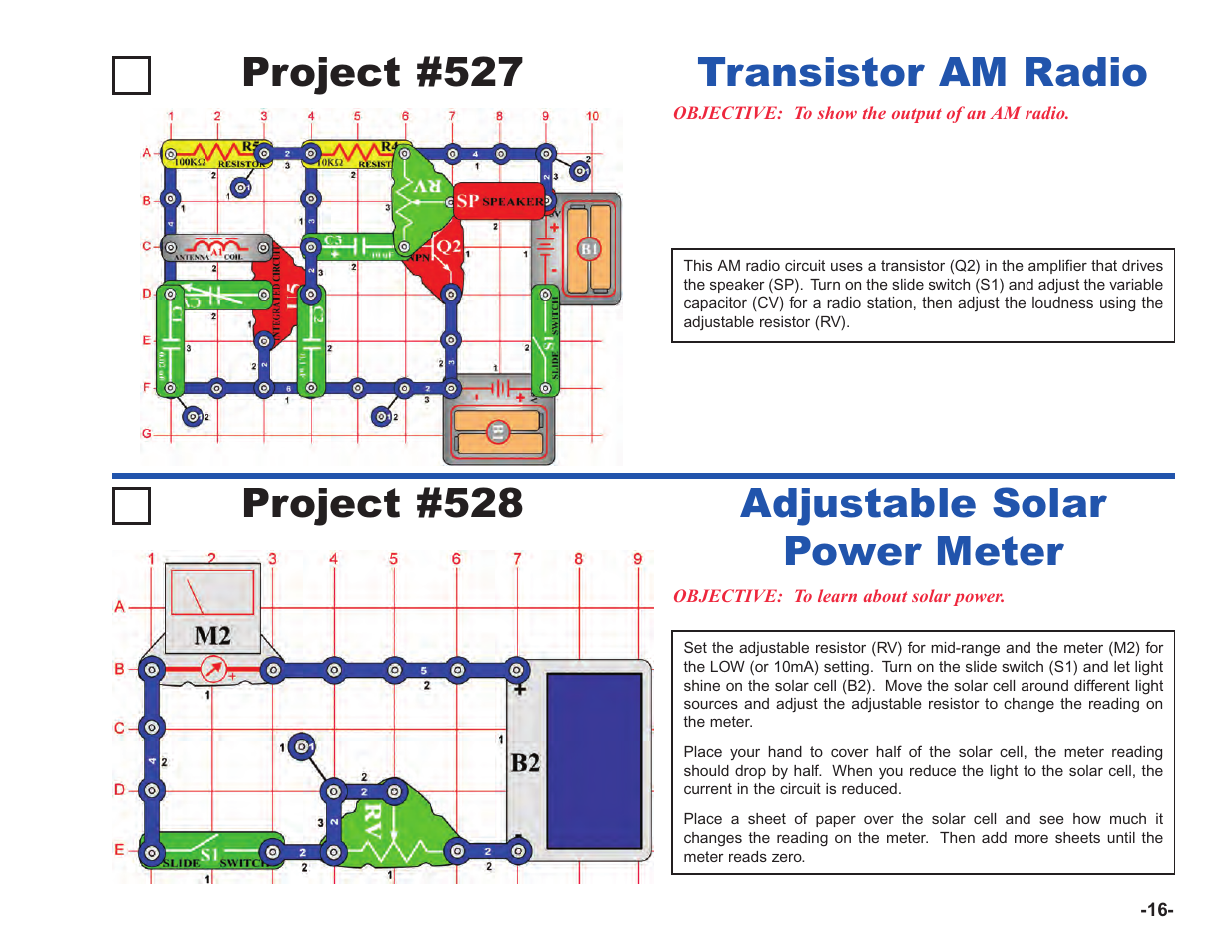 Project #527, Transistor am radio project #528, Adjustable solar power meter | Elenco Upgrade Kit SC100 to SC750 User Manual | Page 157 / 288
