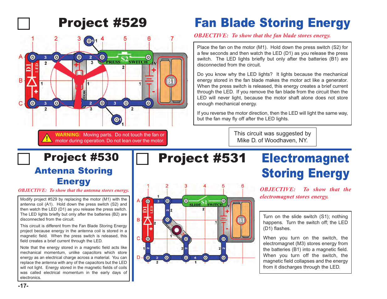 Project #529, Fan blade storing energy project #531, Electromagnet storing energy | Project #530 | Elenco Upgrade Kit SC100 to SC750 User Manual | Page 158 / 288