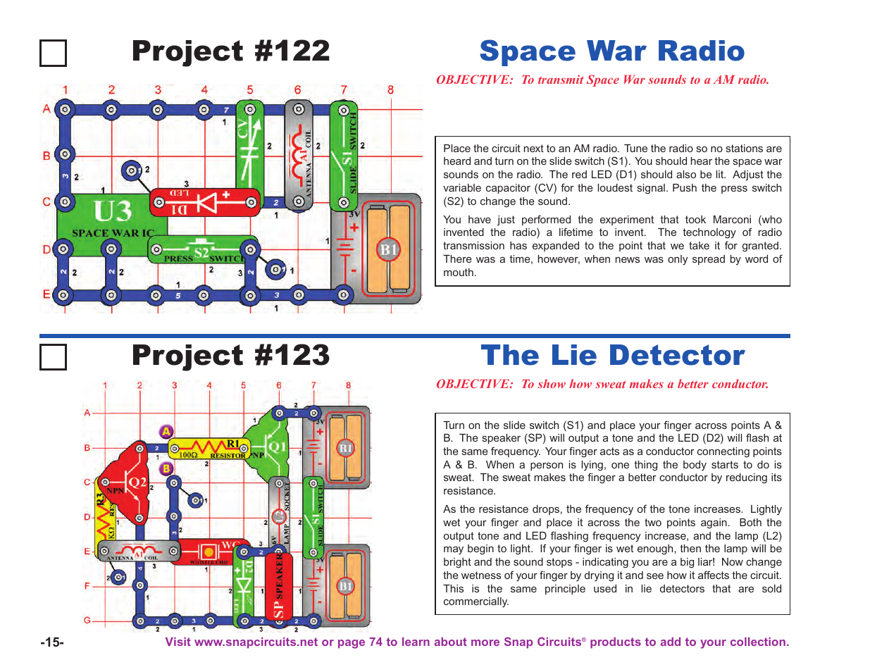 Project #122, Space war radio project #123, The lie detector | Elenco Upgrade Kit SC100 to SC750 User Manual | Page 16 / 288