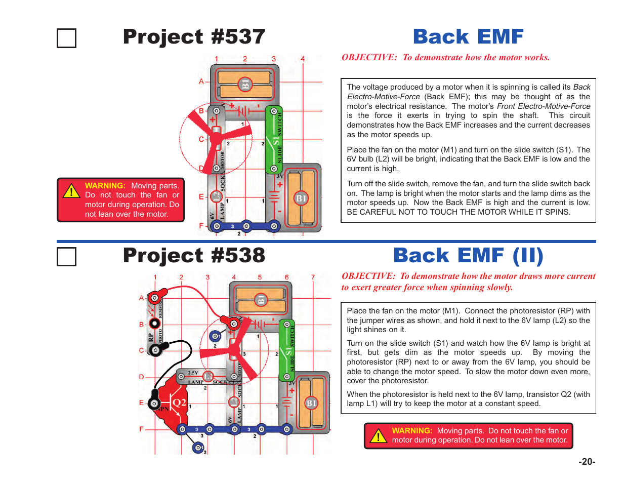 Project #537, Back emf project #538, Back emf (ii) | Elenco Upgrade Kit SC100 to SC750 User Manual | Page 161 / 288