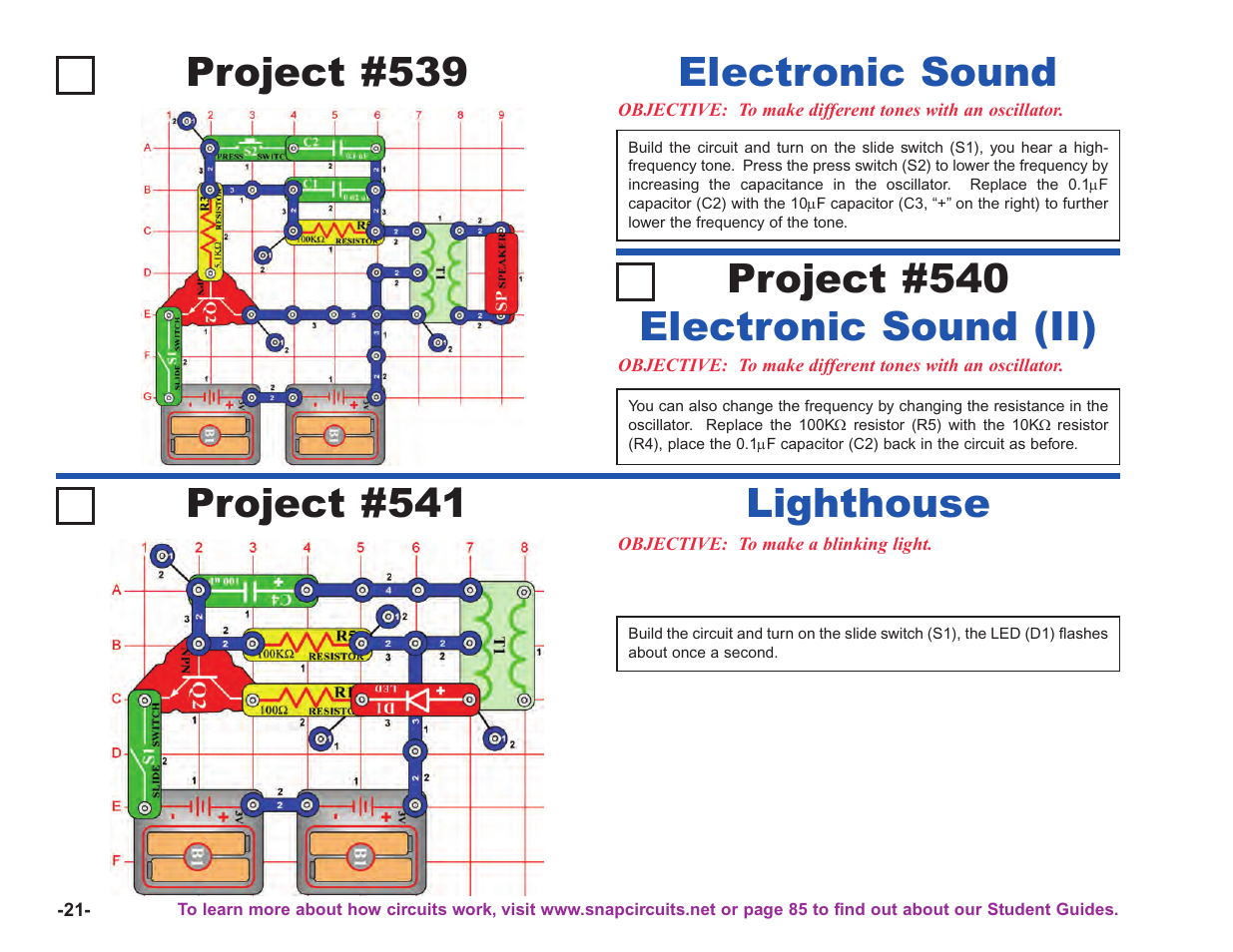 Project #539, Electronic sound project #541, Lighthouse | Electronic sound (ii) project #540 | Elenco Upgrade Kit SC100 to SC750 User Manual | Page 162 / 288
