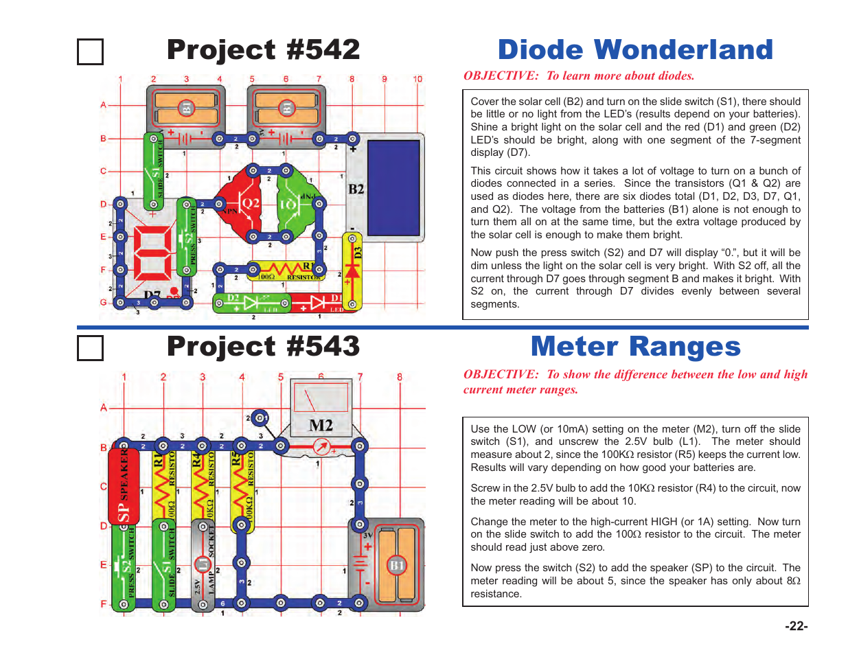 Project #542, Diode wonderland project #543, Meter ranges | Elenco Upgrade Kit SC100 to SC750 User Manual | Page 163 / 288