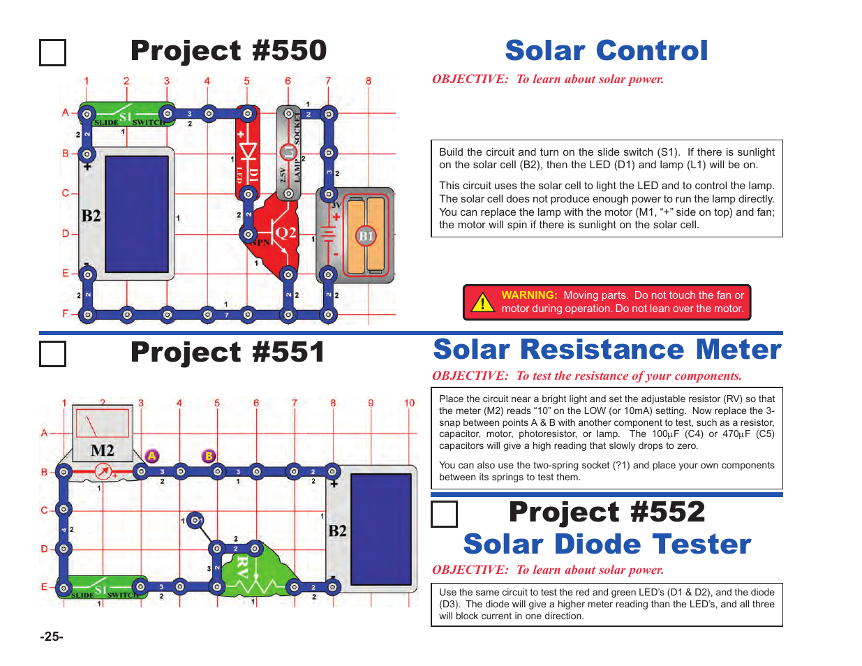 Project #550, Solar control, Project #551 | Solar resistance meter, Solar diode tester, Project #552 | Elenco Upgrade Kit SC100 to SC750 User Manual | Page 166 / 288