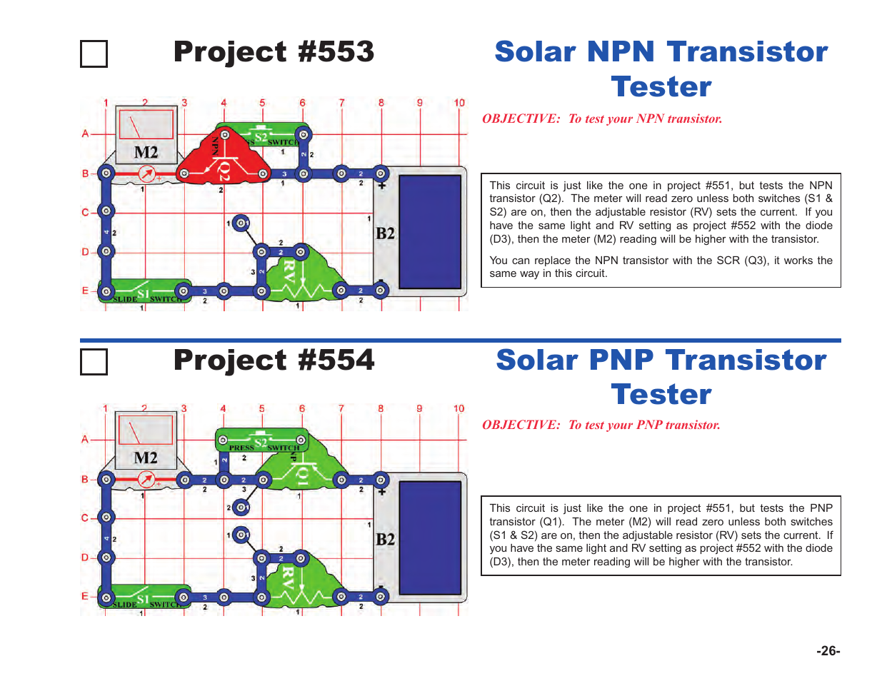 Project #553, Solar npn transistor tester, Project #554 | Solar pnp transistor tester | Elenco Upgrade Kit SC100 to SC750 User Manual | Page 167 / 288
