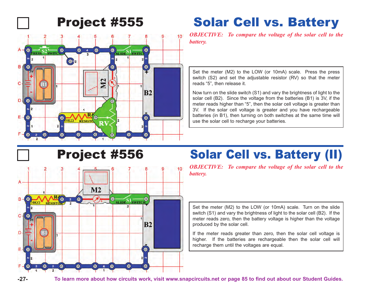 Project #555, Solar cell vs. battery, Project #556 | Solar cell vs. battery (ii) | Elenco Upgrade Kit SC100 to SC750 User Manual | Page 168 / 288