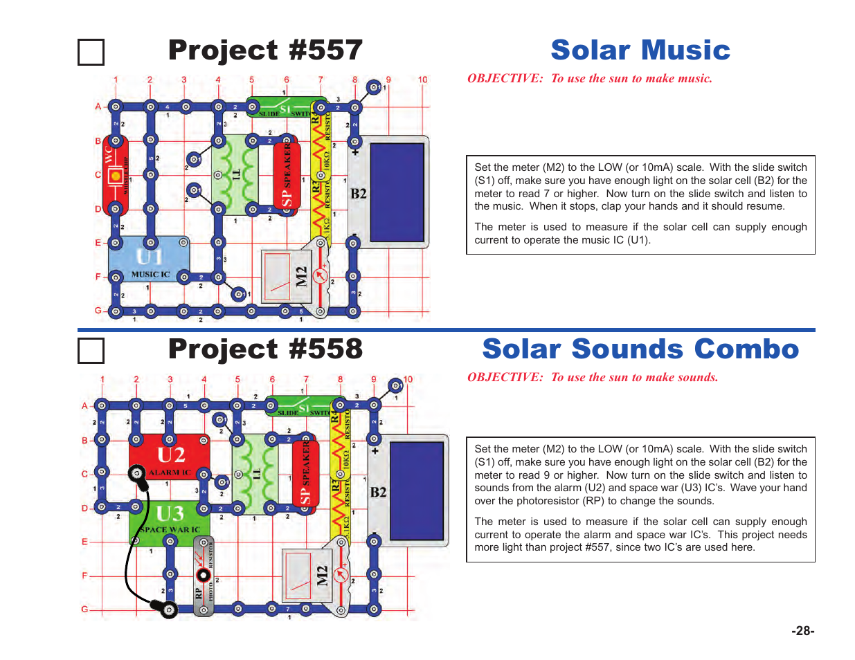 Project #557, Solar music, Project #558 | Solar sounds combo | Elenco Upgrade Kit SC100 to SC750 User Manual | Page 169 / 288
