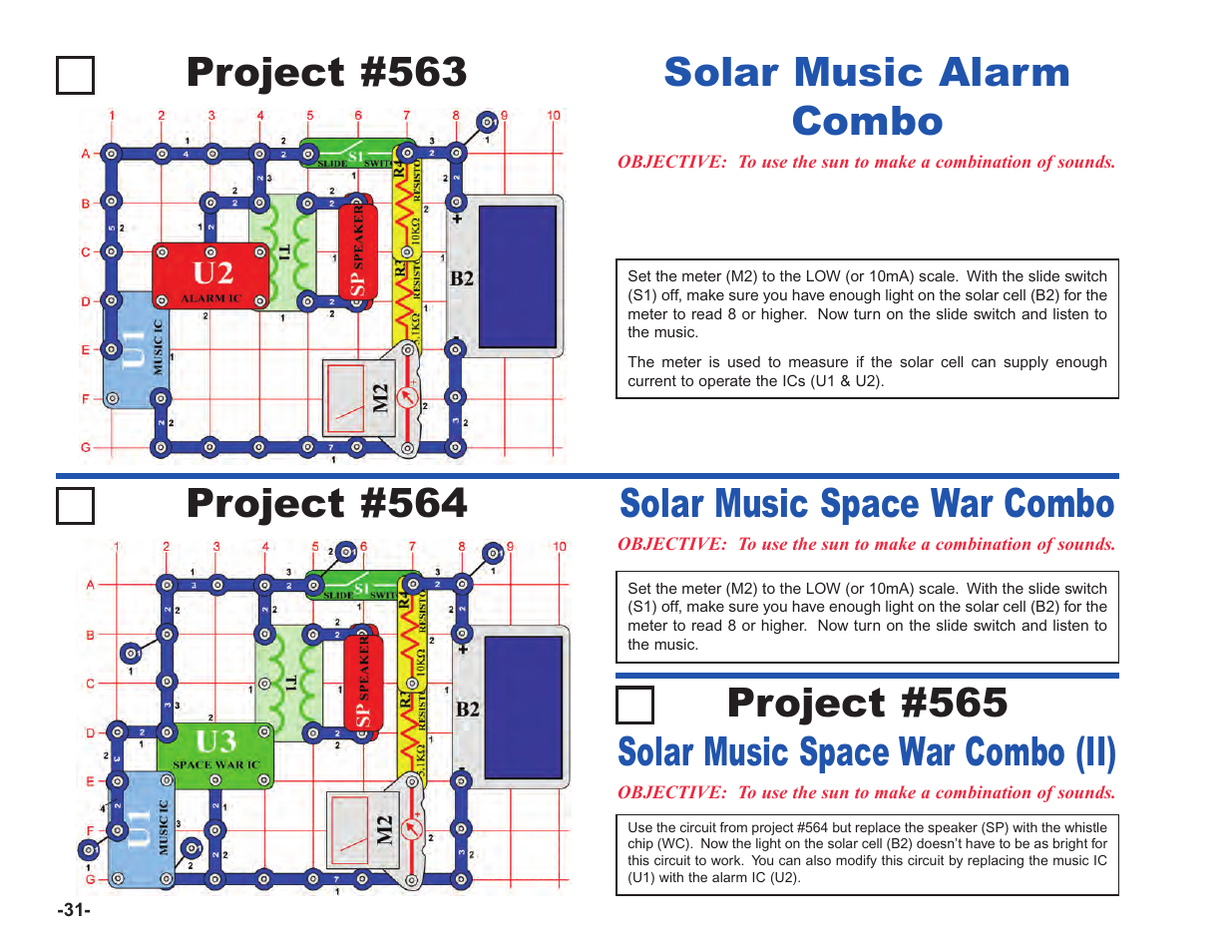 Project #563, Solar music alarm combo project #564, Solar music space war combo | Solar music space war combo (ii), Project #565 | Elenco Upgrade Kit SC100 to SC750 User Manual | Page 172 / 288
