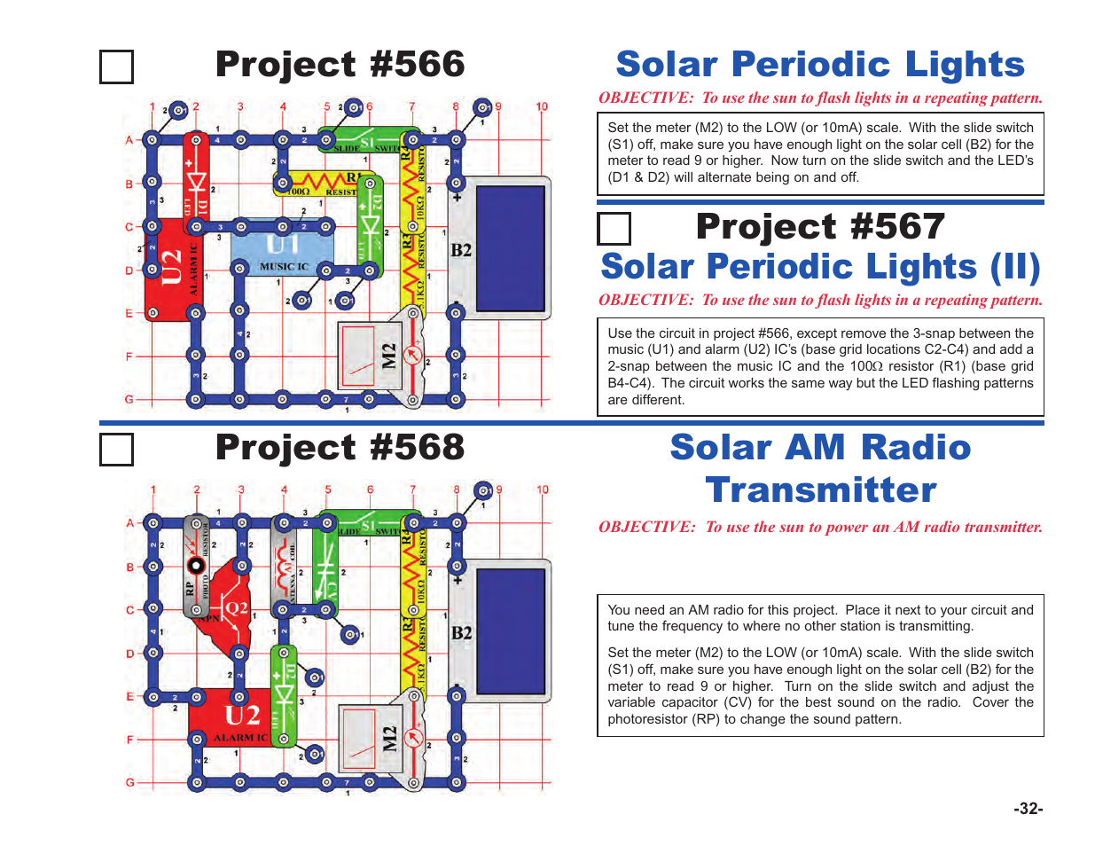 Project #566, Solar periodic lights project #568, Solar am radio transmitter | Solar periodic lights (ii) project #567 | Elenco Upgrade Kit SC100 to SC750 User Manual | Page 173 / 288