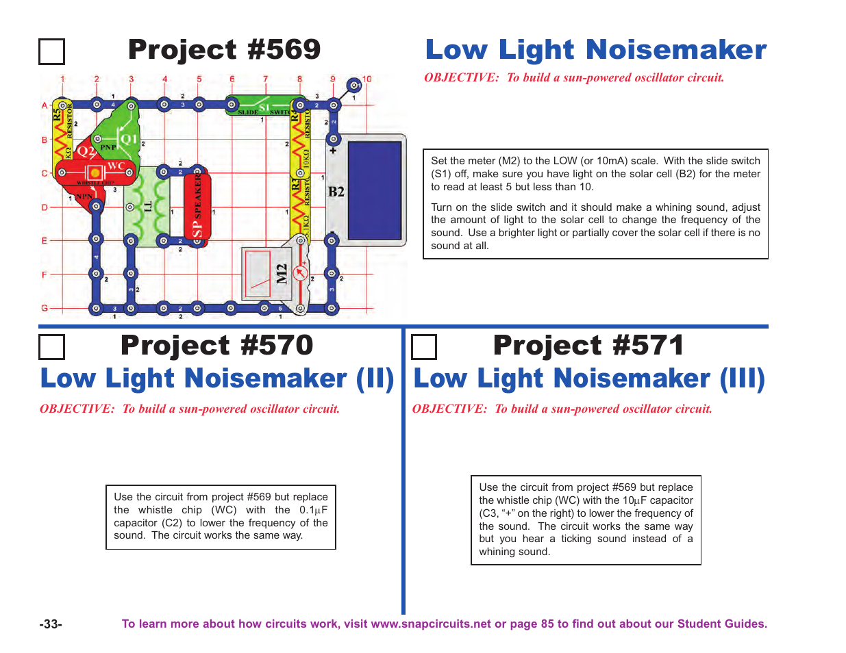 Project #569, Project #571 low light noisemaker (iii) | Elenco Upgrade Kit SC100 to SC750 User Manual | Page 174 / 288