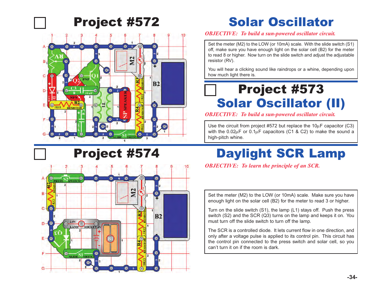 Project #572, Solar oscillator project #574, Daylight scr lamp | Solar oscillator (ii) project #573 | Elenco Upgrade Kit SC100 to SC750 User Manual | Page 175 / 288