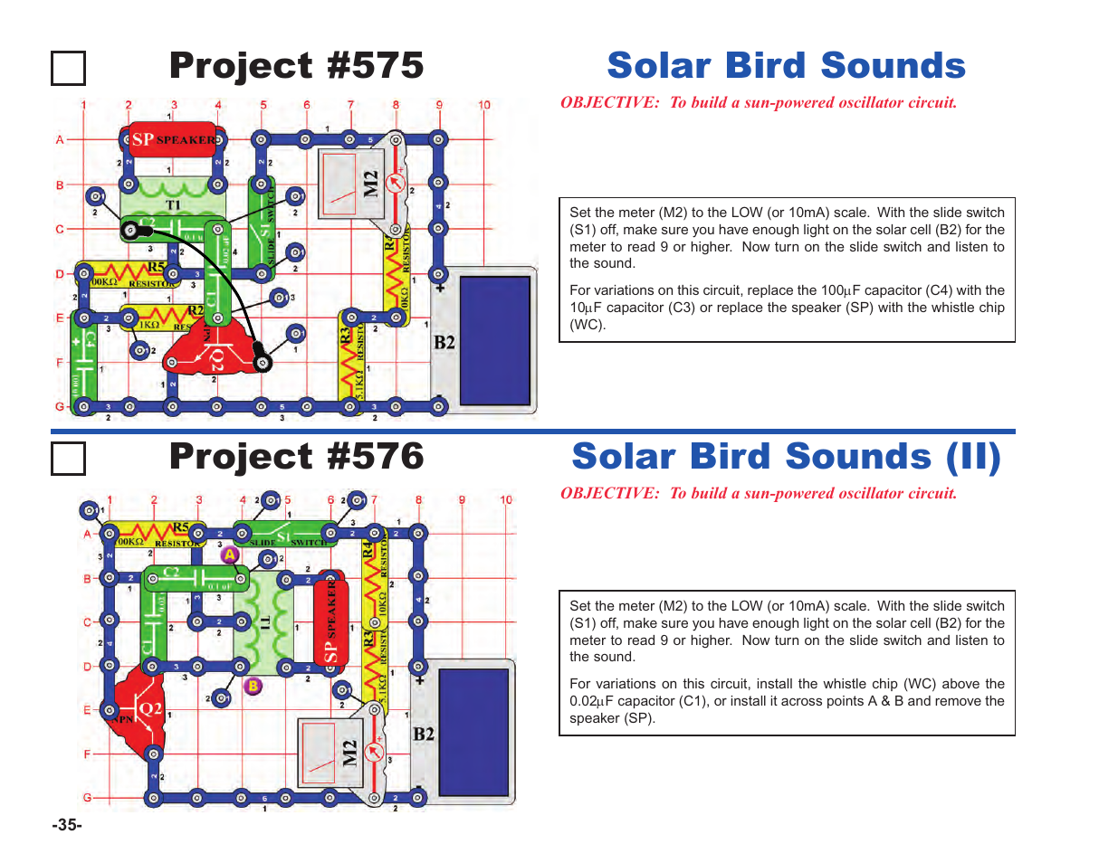 Project #575, Solar bird sounds, Project #576 | Solar bird sounds (ii) | Elenco Upgrade Kit SC100 to SC750 User Manual | Page 176 / 288