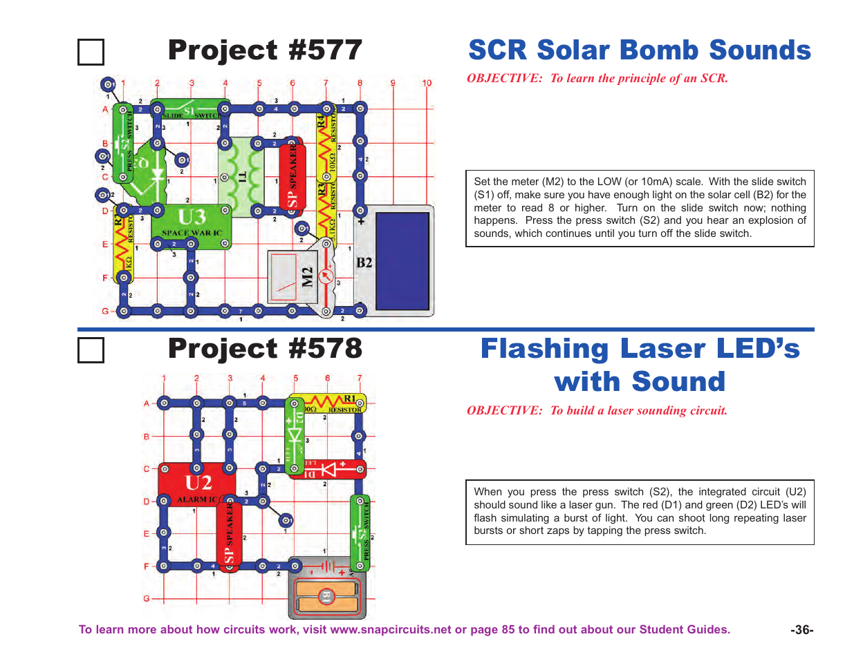 Project #577, Scr solar bomb sounds, Project #578 | Flashing laser led’s with sound | Elenco Upgrade Kit SC100 to SC750 User Manual | Page 177 / 288